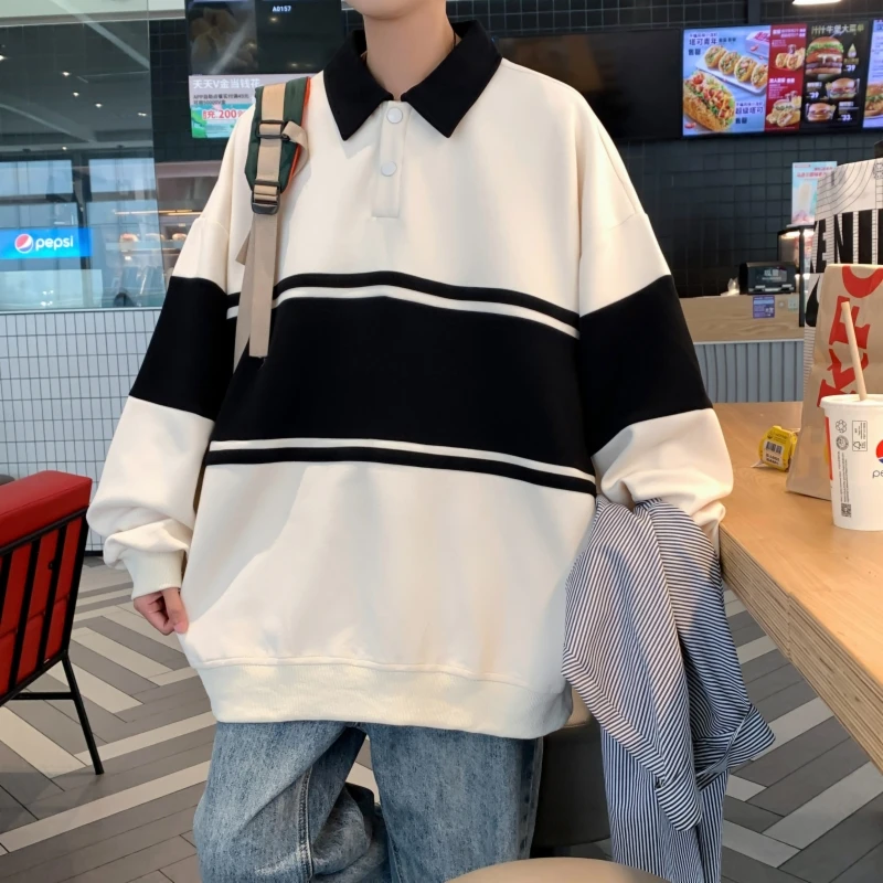 青少年卫衣2023春季新款情侣polo衫假两件外翻领潮流韩版打底衫男