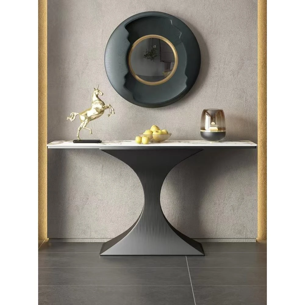 简约现代不锈钢香槟金拉丝岩板玄关桌轻奢玄关柜入户门靠墙玄关台