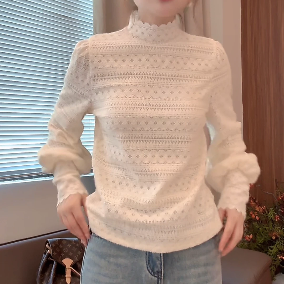 设计感磨毛蕾丝边打底衫T恤女秋冬高级感法式钩花半高领长袖上衣