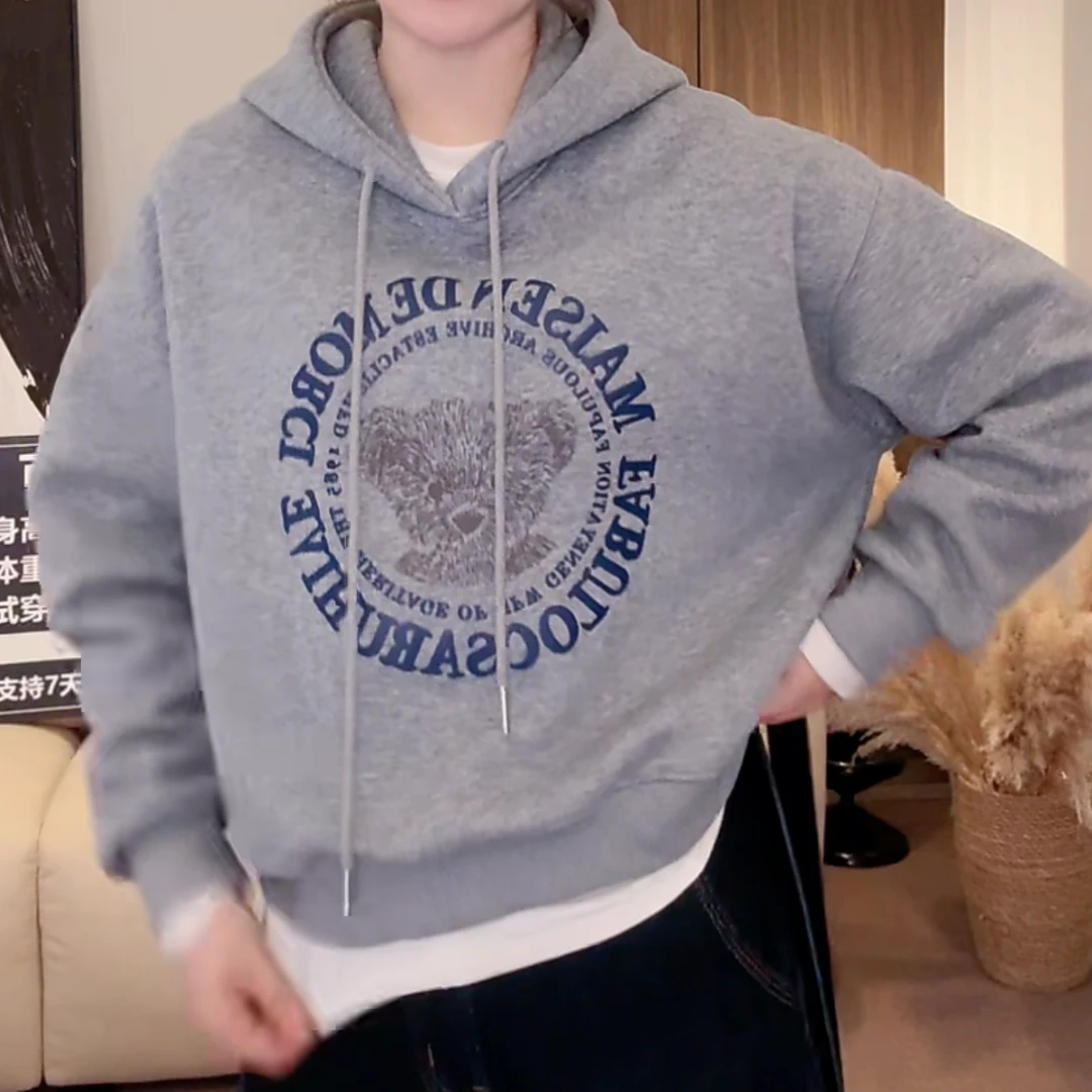 设计感发泡立体印花小熊加绒连帽卫衣女秋冬韩版时尚ins休闲上衣