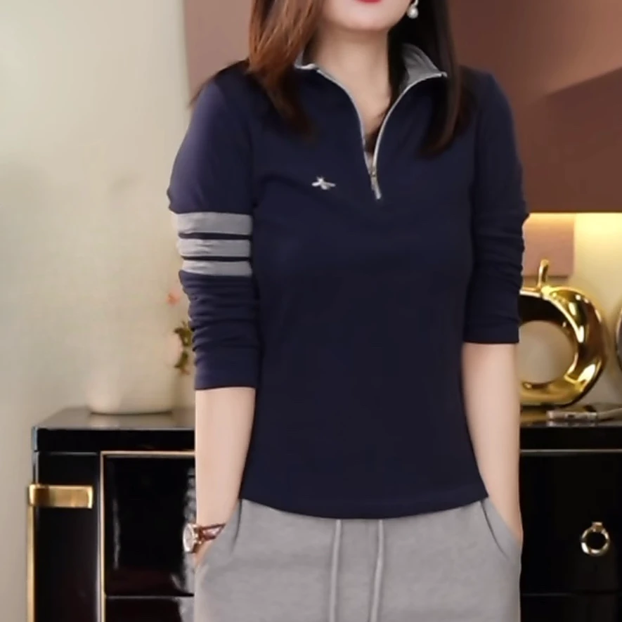 设计感撞色条纹双面德绒长袖T恤女秋冬休闲百搭气质通勤拉链上衣