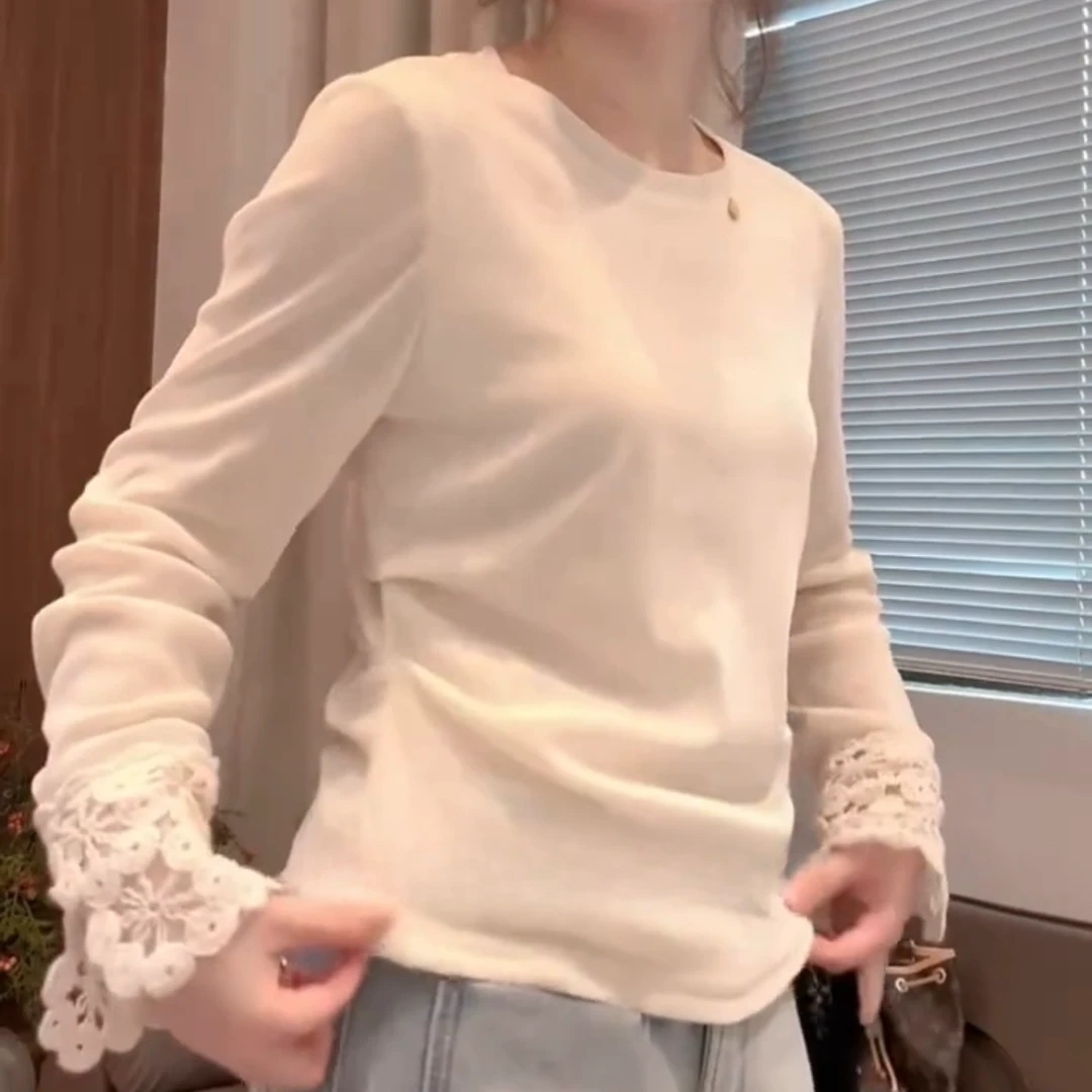蕾丝拼接袖口修身长袖T恤女秋冬季洋气高级感收褶设计感打底上衣