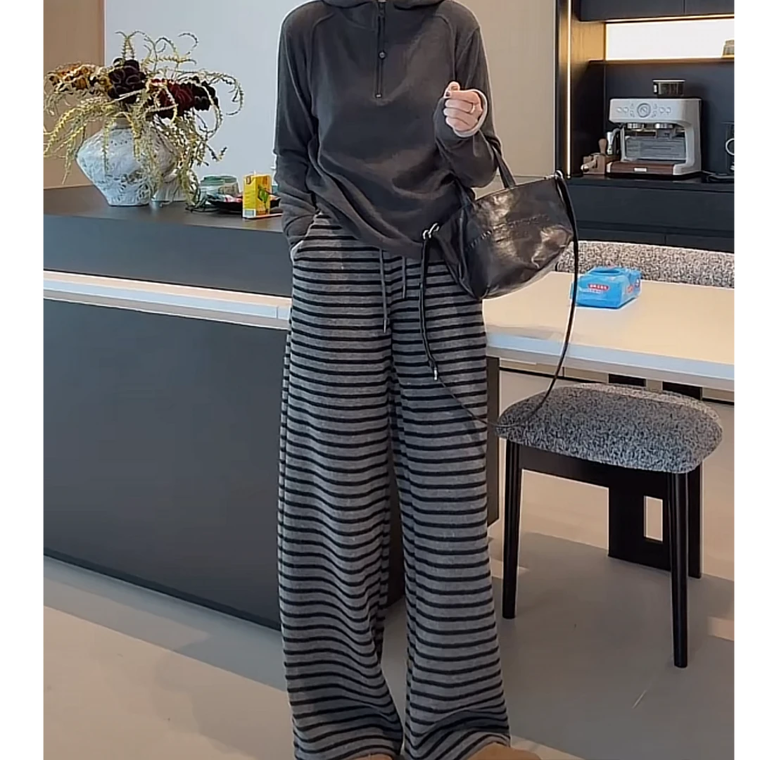 设计感条纹加绒加厚拖地长裤女秋冬2024新款保暖高级感宽松休闲裤