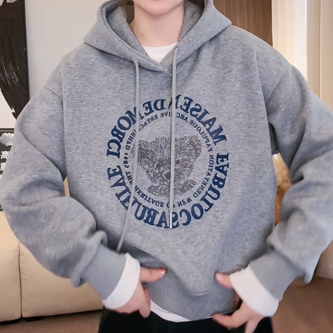 设计感发泡立体印花小熊加绒连帽卫衣女秋冬韩版时尚ins休闲上衣