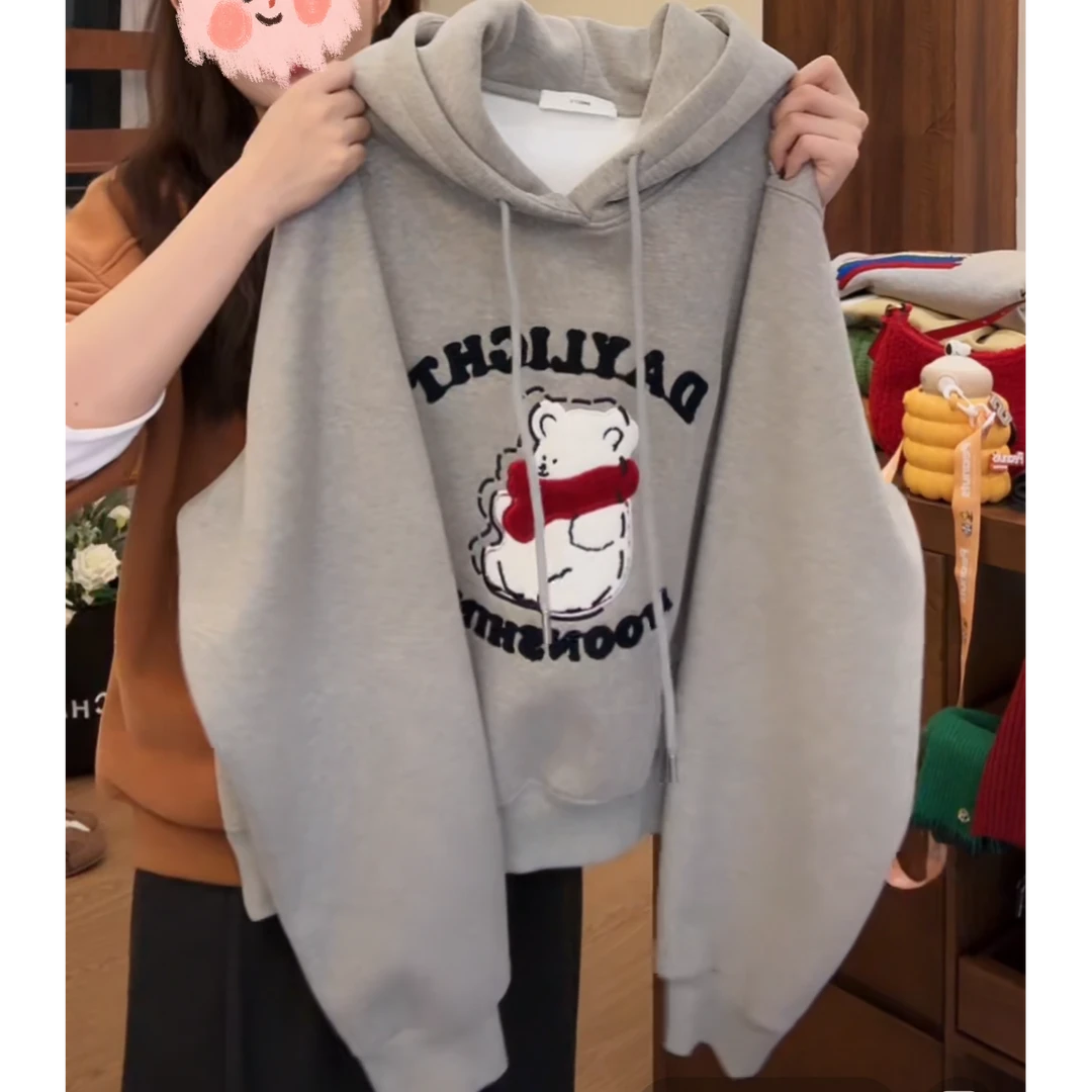 设计感重工圣诞小熊加绒连帽卫衣女秋冬季ins风毛巾刺绣长袖上衣