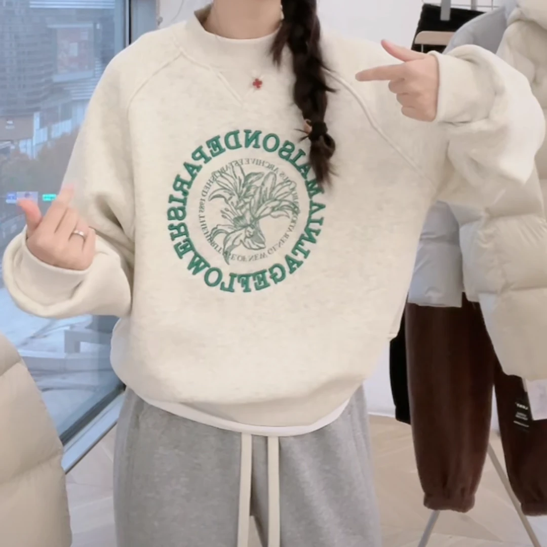 设计感字母圆领加绒加厚卫衣女秋冬2024新款休闲宽松套头长袖上衣