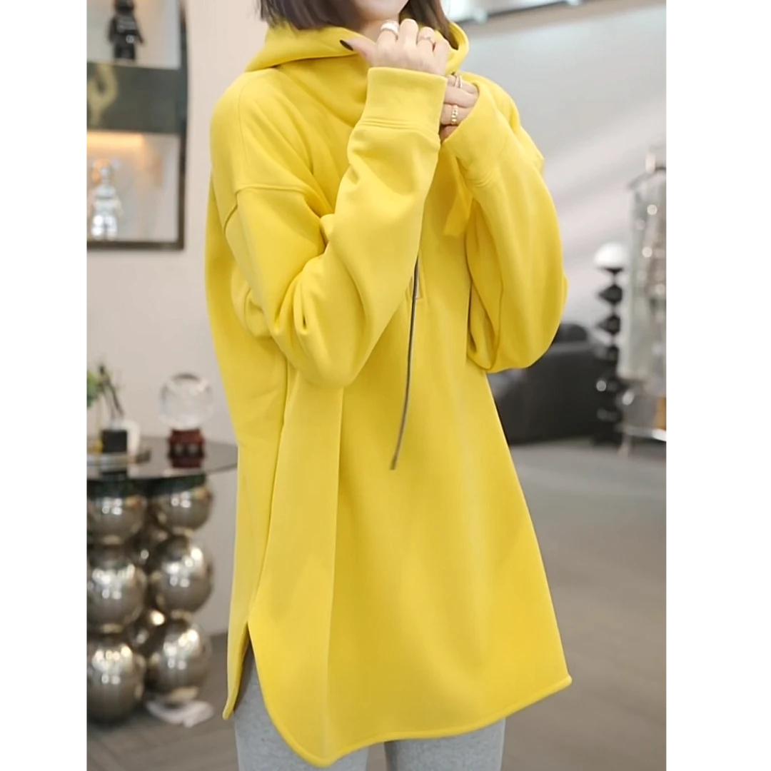 设计感半拉链加绒加厚连帽卫衣女秋冬2024新款保暖宽松上衣时尚