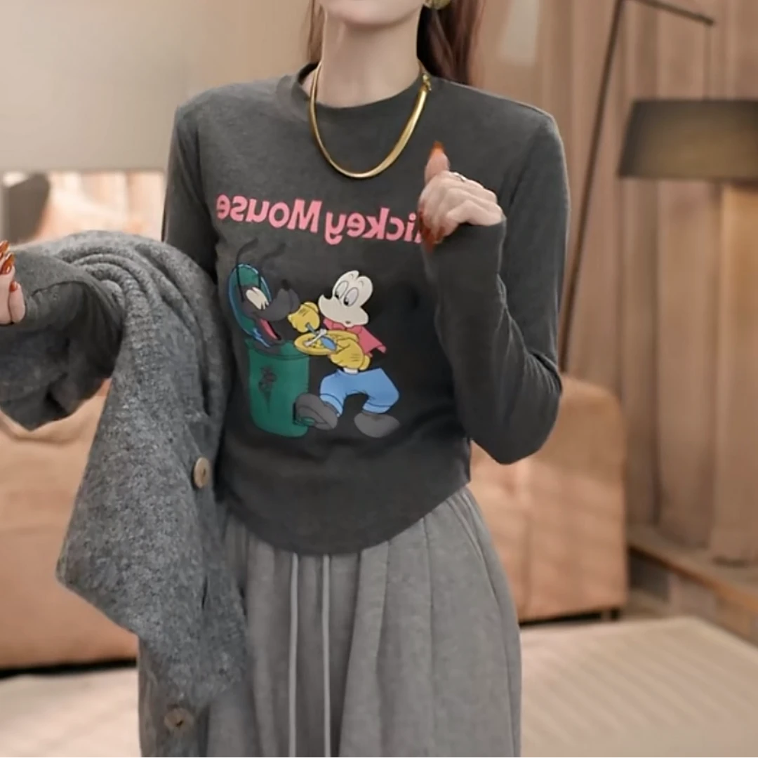 卡通图案设计感加绒长袖T恤女秋季新款圆领内搭韩版印花打底上衣