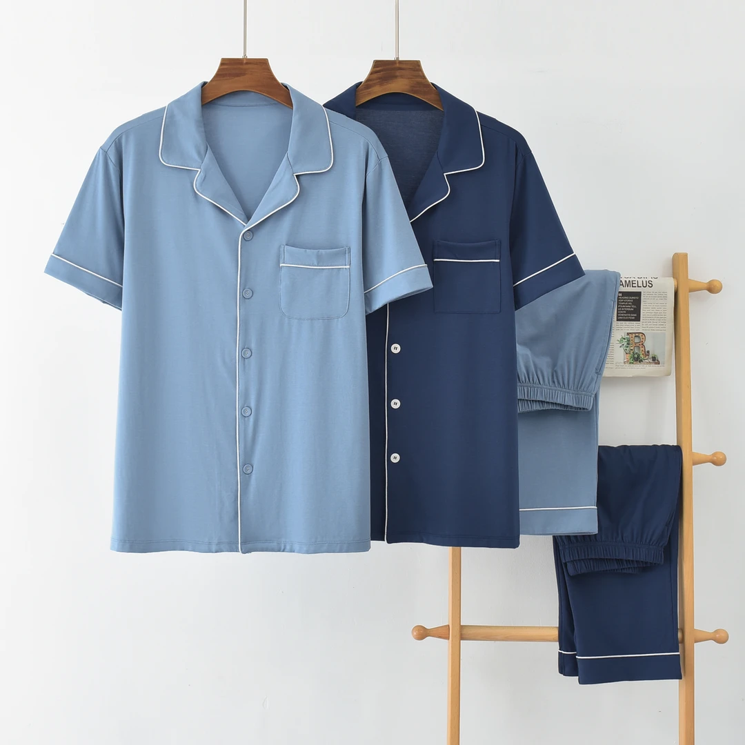 中棉DY1082男士夏季新款棉莫纯色西服领短袖长裤睡衣家居服套装