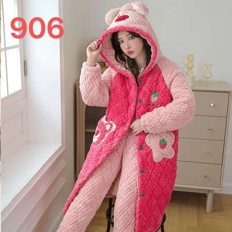 米兔家居服冬季女士玫红草莓熊连帽袍套三层夹棉QD906