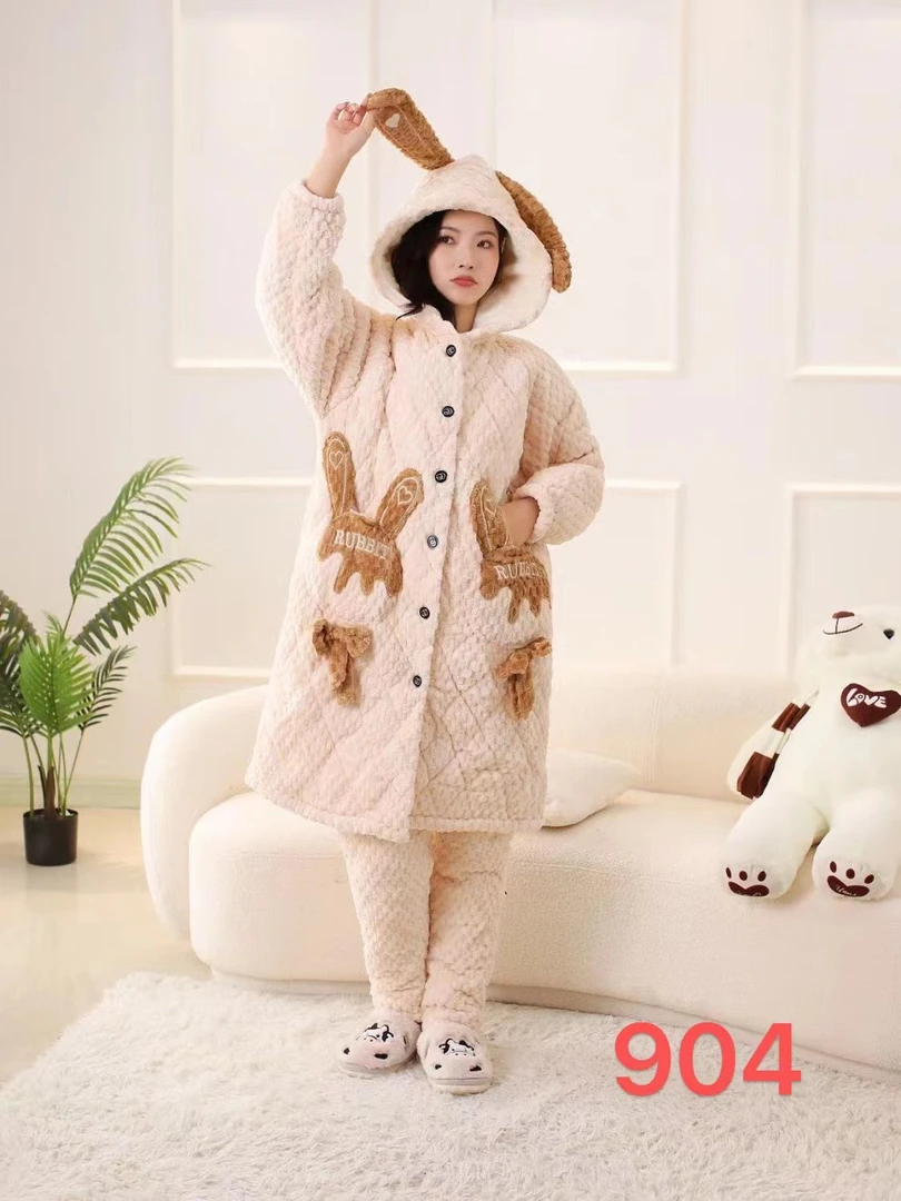 米兔家居服冬季女士杏色连帽袍套三层夹棉QD904