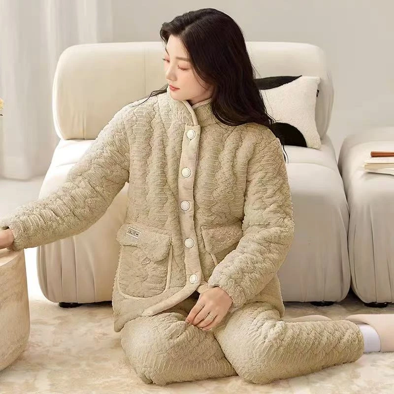 【K037】新中式立领女士精品三层夹棉加厚杏色翻领长袖长裤