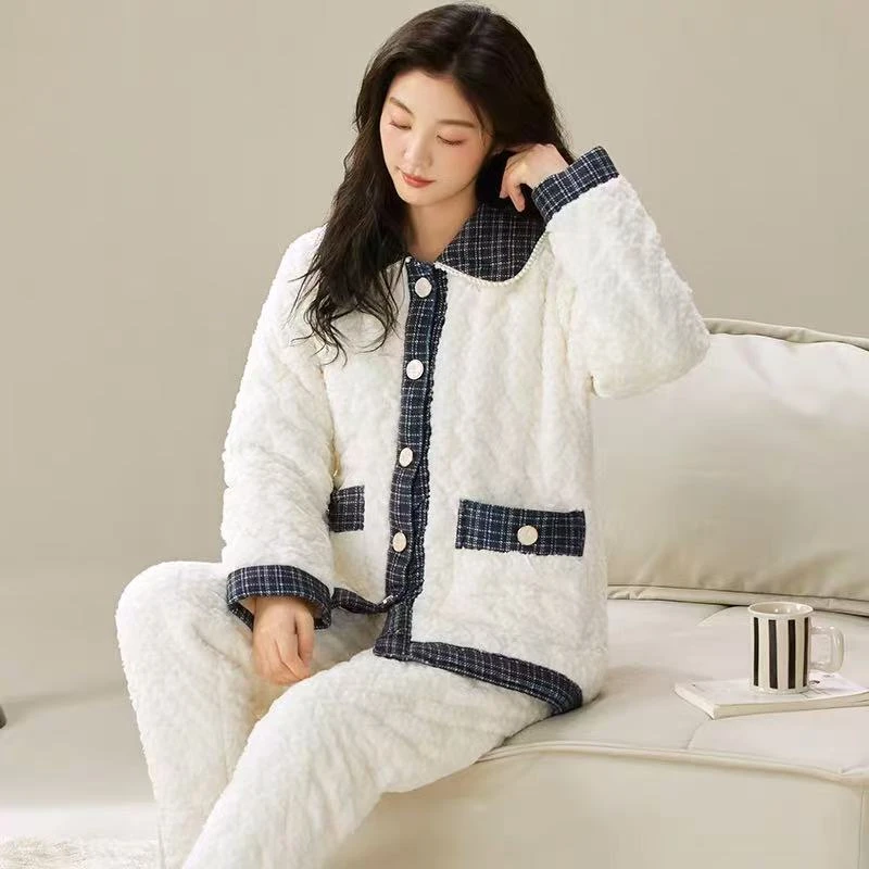 【K055】小香精品贵妇盘扣翻领珊瑚绒三层夹棉加厚