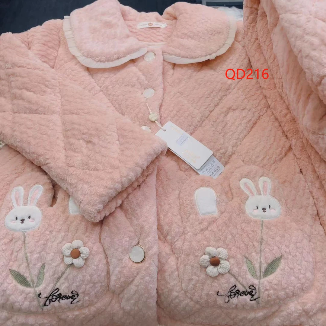 米兔家居服冬季女士蛋糕暖暖绒翻领花边粉色三层夹棉QD216