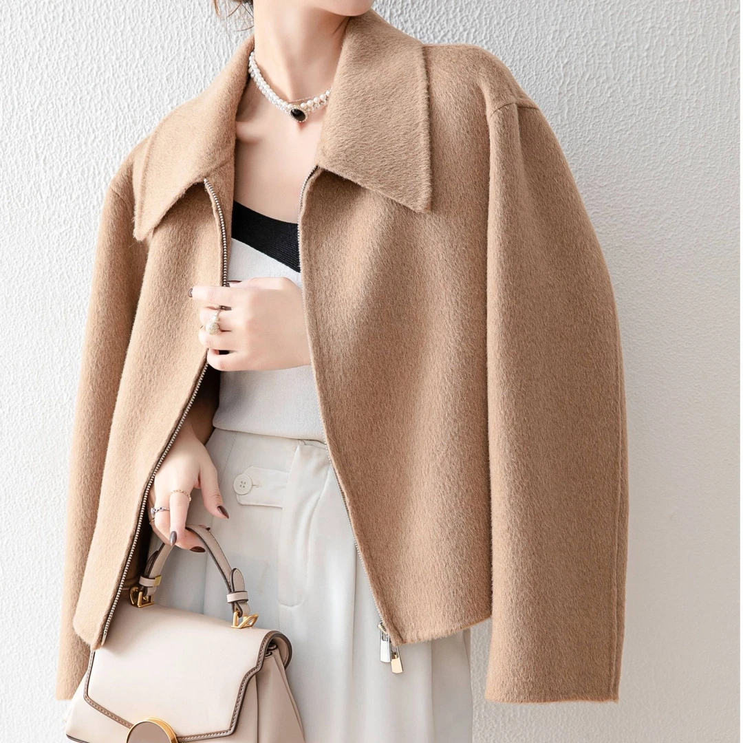 女士韩版短款小个子气质双面毛呢驼绒外套23631