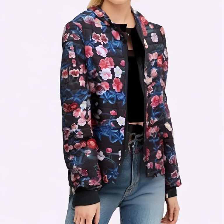 8996#短款轻薄棉外套时尚休闲加绒加厚印花保暖秋冬冬季碎花长袖