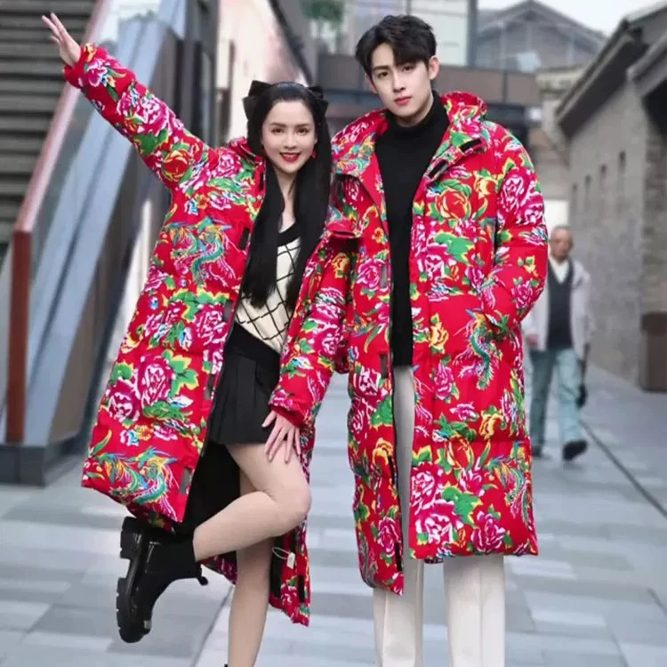 网红东北大花长版棉袄冬季新款时尚加厚保暖民族风大版棉服长款