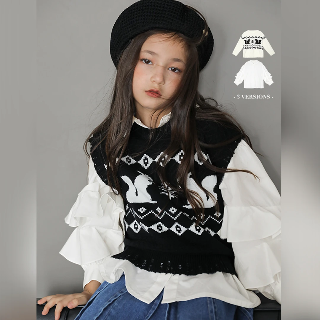 陈大猪女童 春秋复古提花秋衣儿童背心长袖上毛衣衬衫-DXQ33103