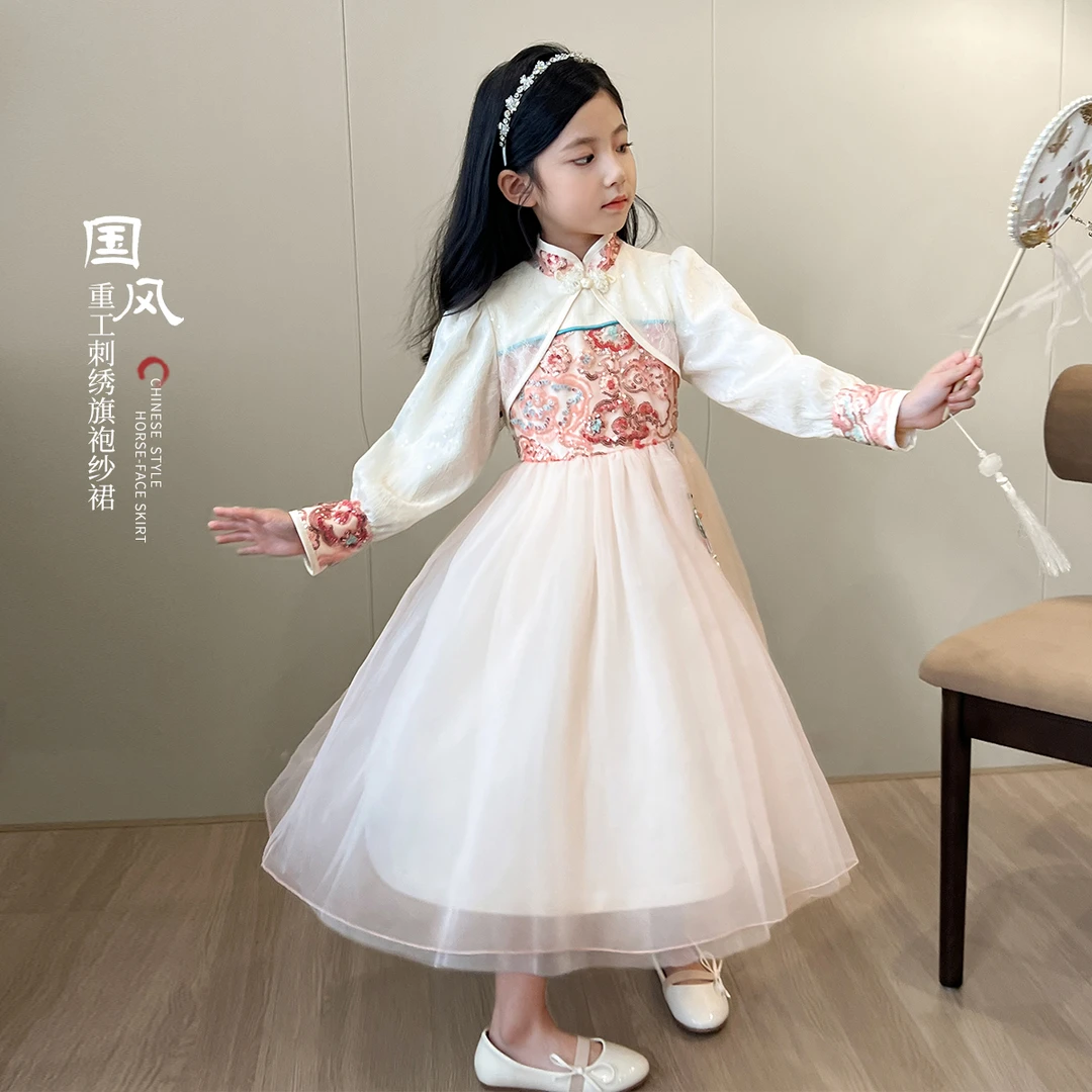 20-37 luson 女宝 秋款国风新中式复古立领女童网纱裙-DLQ317209