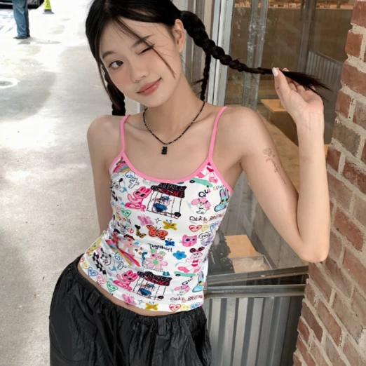新款卡通可爱涂鸦吊带上衣无袖背心短款网红修身辣妹小众内搭打底