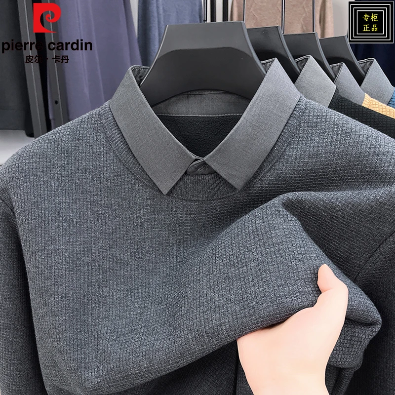 皮尔卡丹男士假两件长袖polo衫春秋季衬衫领T恤休闲打底衫上衣男