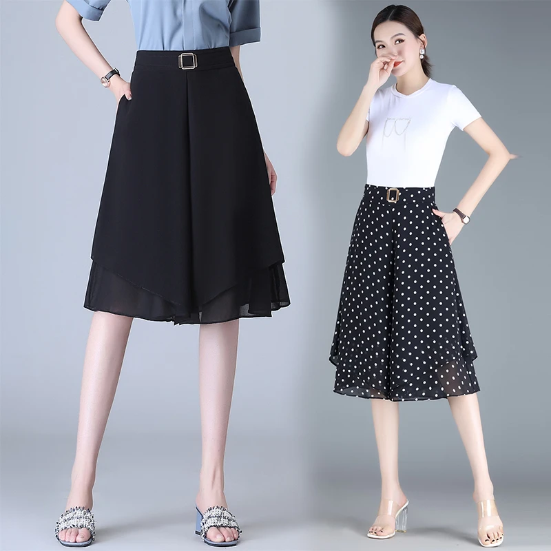 雪纺七分裤阔腿裤女夏2023新款高腰显瘦宽松垂感休闲裙裤双层薄款