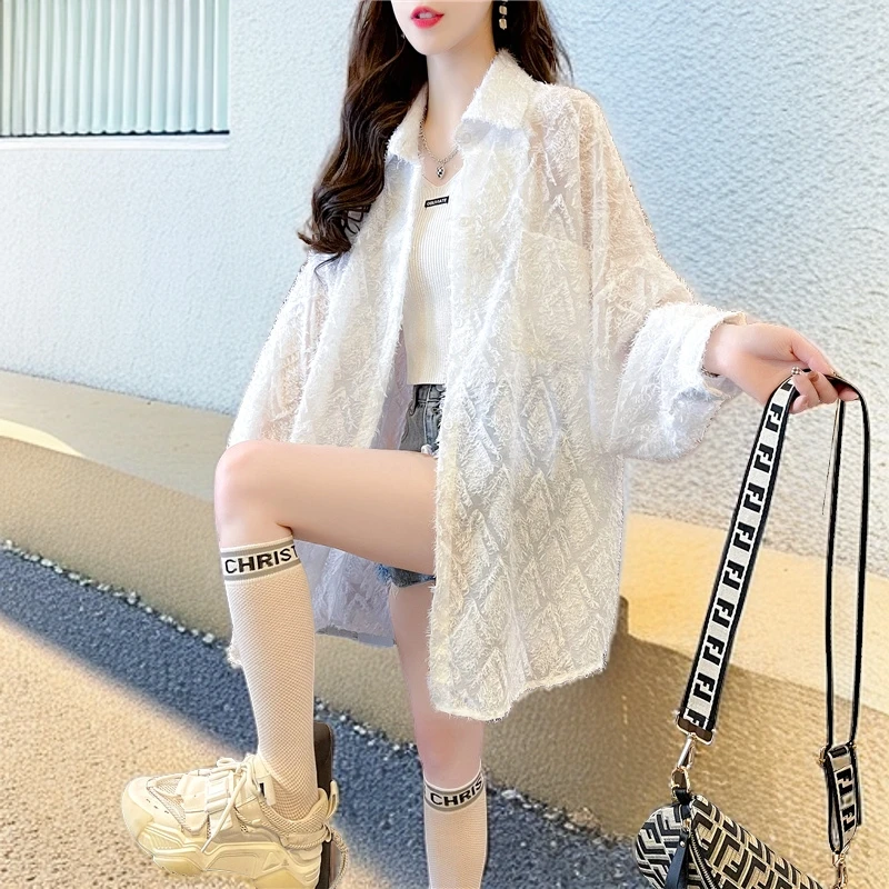 小香风蕾丝长袖网红白色大码防晒衣女薄款外套宽松韩版百搭衬衫