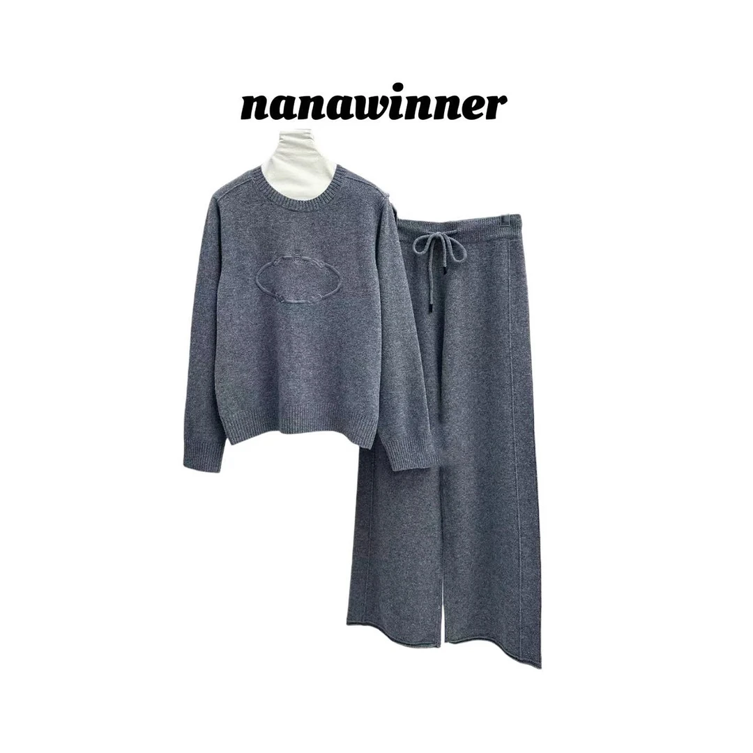 nanawinner【皇冠绵羊毛套装】重工100%绵羊毛圆领阔腿套装红人上新