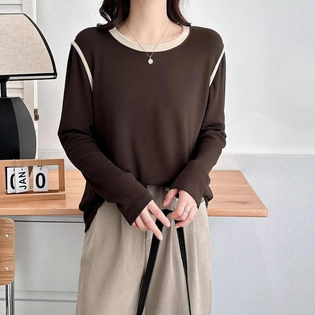 薄绒秋冬新款微胖大码女装圆领长袖遮肚子藏肉T恤衫打底衫上衣