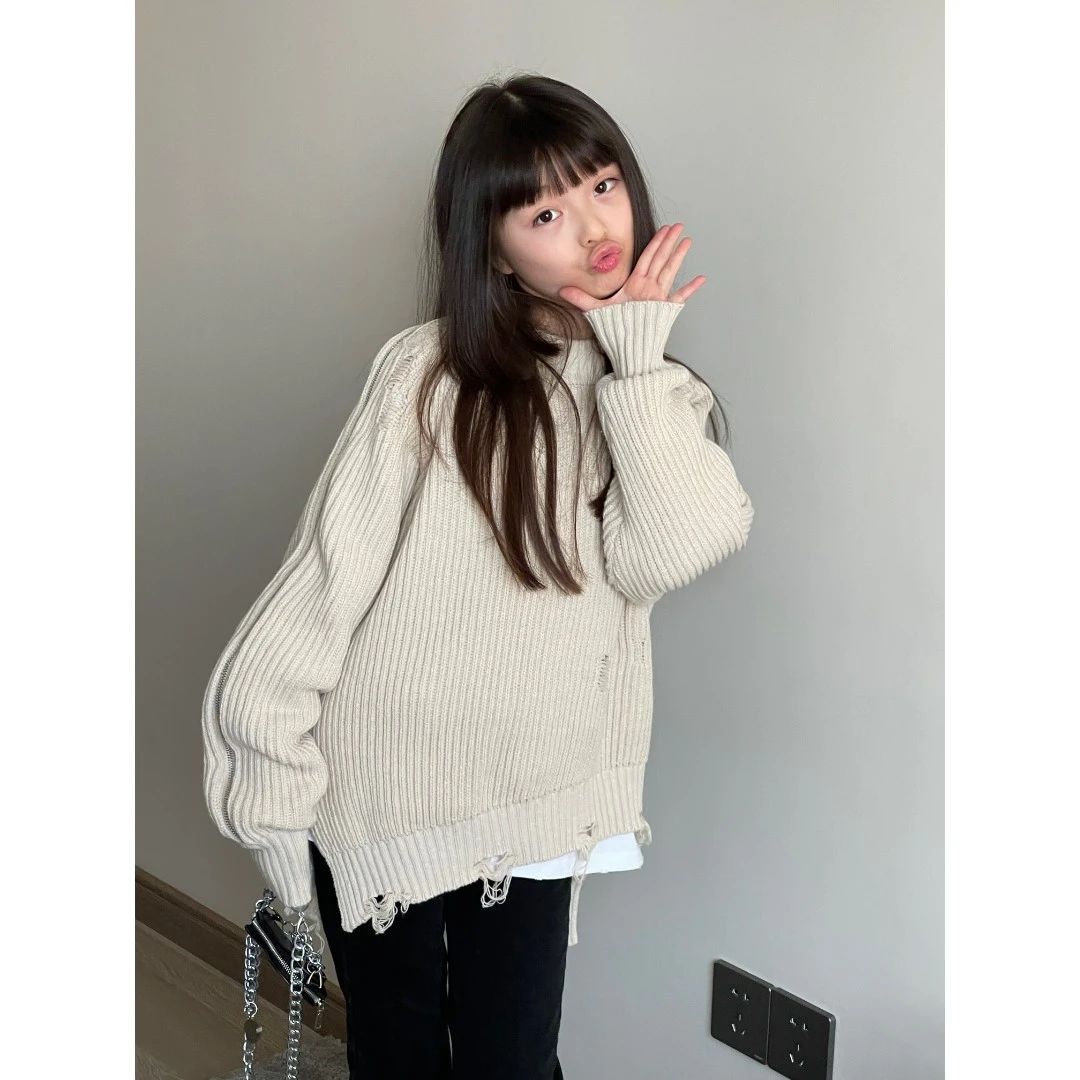 YUUKO春款磨边拉链不规则毛衣-7318