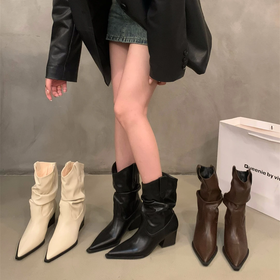 红蜻蜓牌高跟复古中筒靴V口骑士靴女鞋2023新款秋冬季尖头西部堆