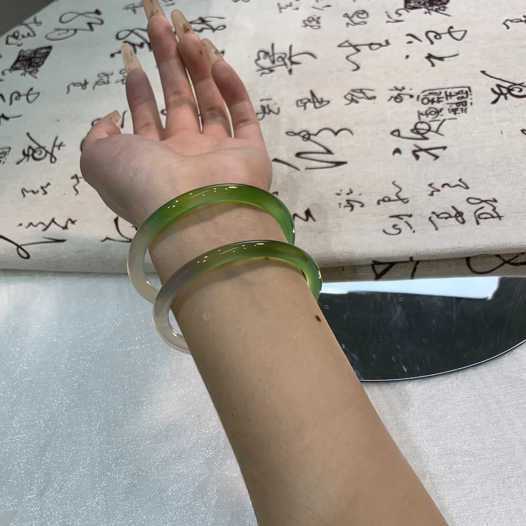 【梅子青叮当】天然玛瑙玉髓半山水美人镯叮当镯小清新轻奢礼物送人