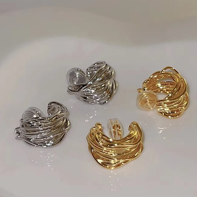 铜合金耳饰 复古高级感镂空金属绕线C形圈圈耳环小众无耳洞耳夹女