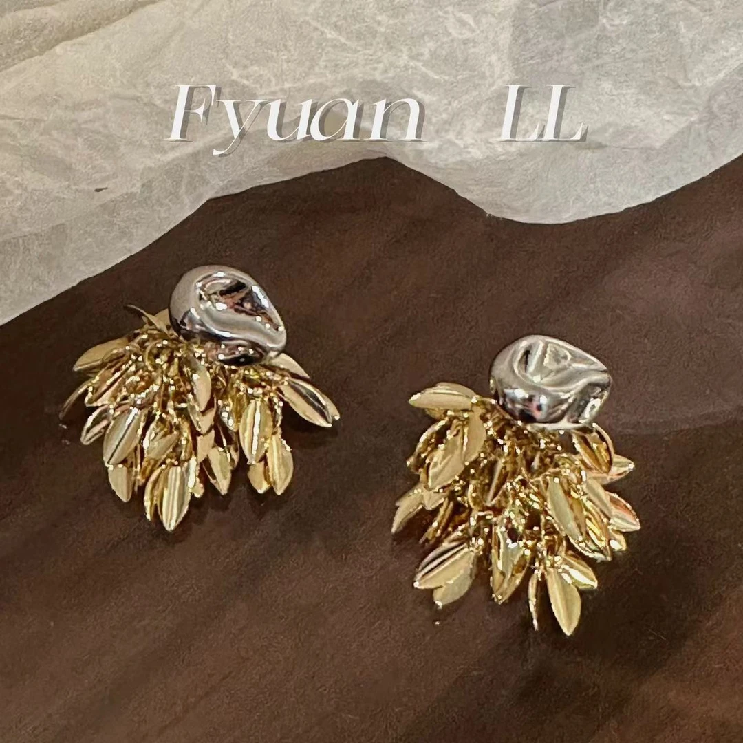 铜合金耳饰 金银双色流苏耳环女轻奢小众设计一款两戴耳钉