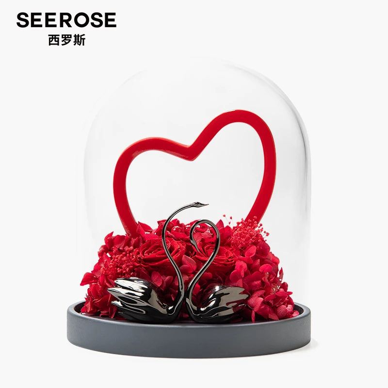 SEEROSE/西罗斯黑白天鹅永生花黑玫瑰摆件一对送新人结婚生日礼物