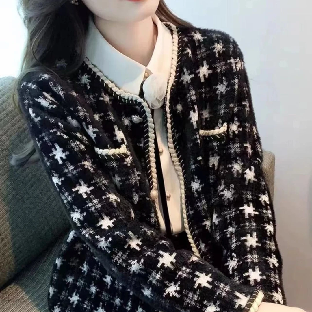 秋季女外套千鸟格子短外套女开衫春秋新款