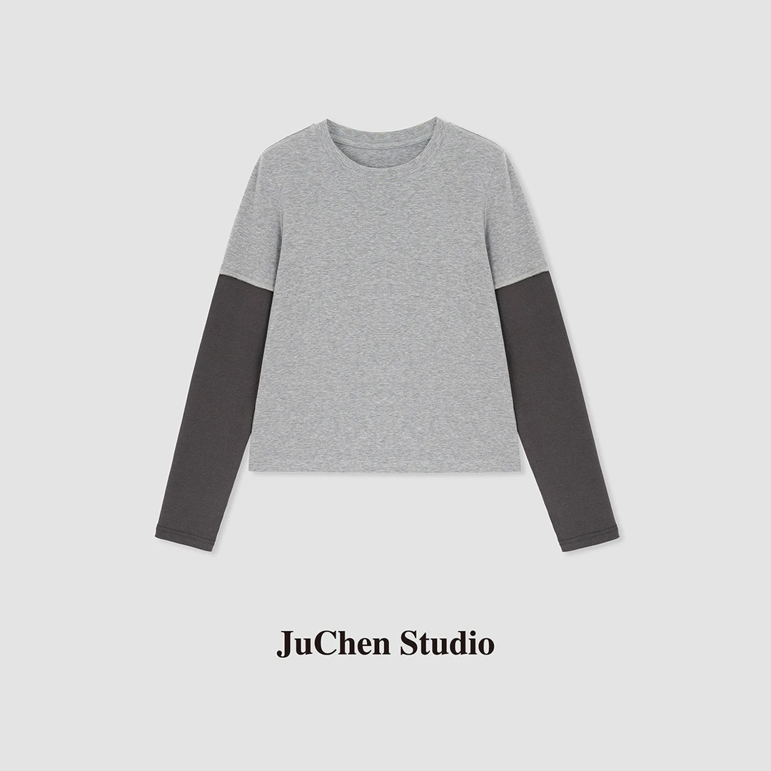 M1U式叠叠乐 错落层次撞色正肩合身假两件长袖T恤上衣 FW022094