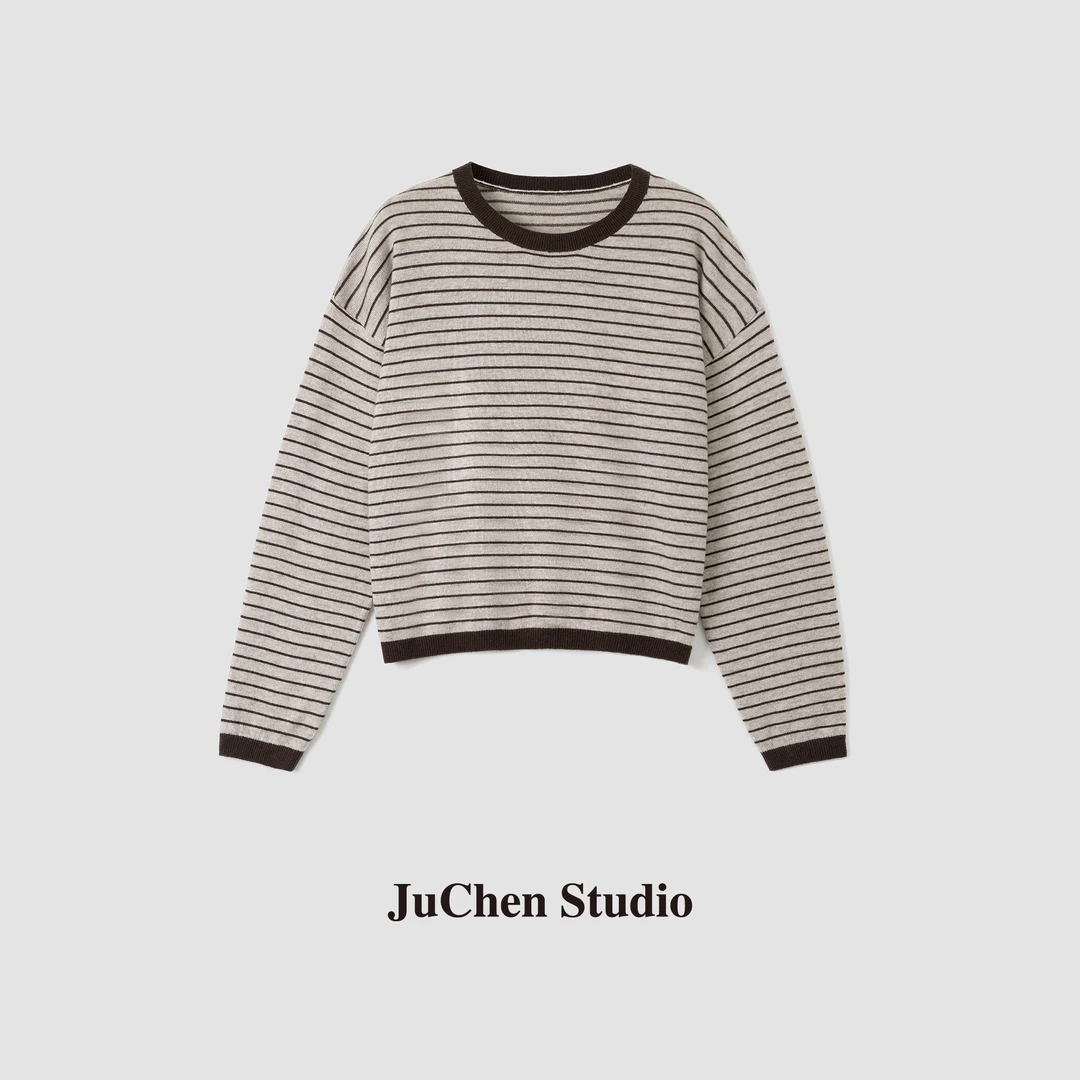 ”领口撞色细条纹“多色 亲肤软糯针织衫套头毛衣DW2306043