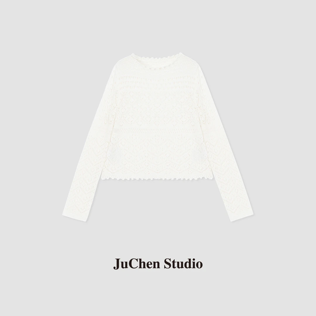 夏季客供 亚麻法式勾花镂空圆领套头长袖小罩衫上衣SS24026-24