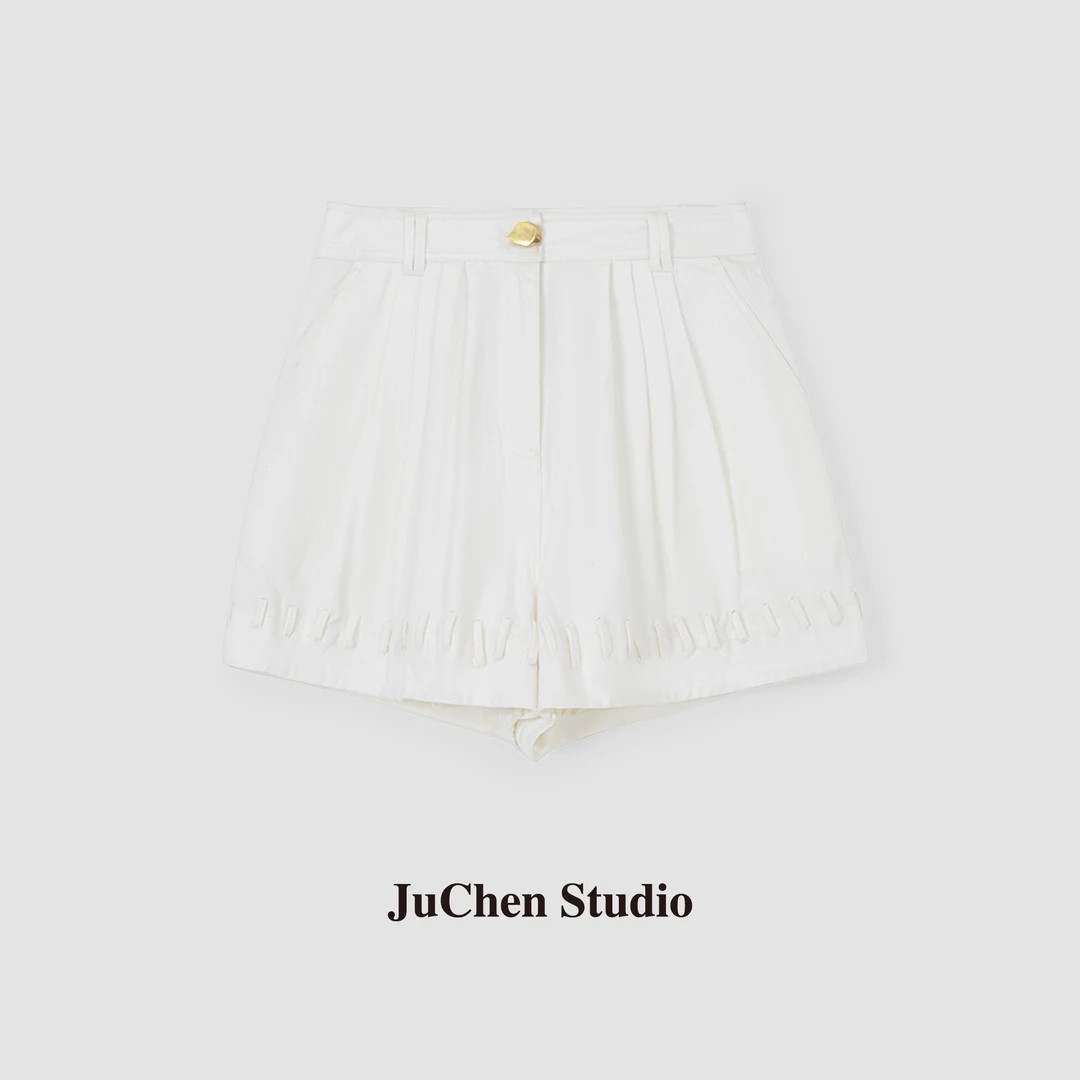 重工编织花边绳100棉高腰阔腿白牛短裤 2205227