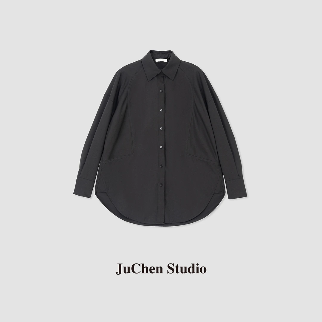 “黑色哲学”暗黑山本风分割线廓形衬衣春夏百搭轻薄黑衬衫 2302717
