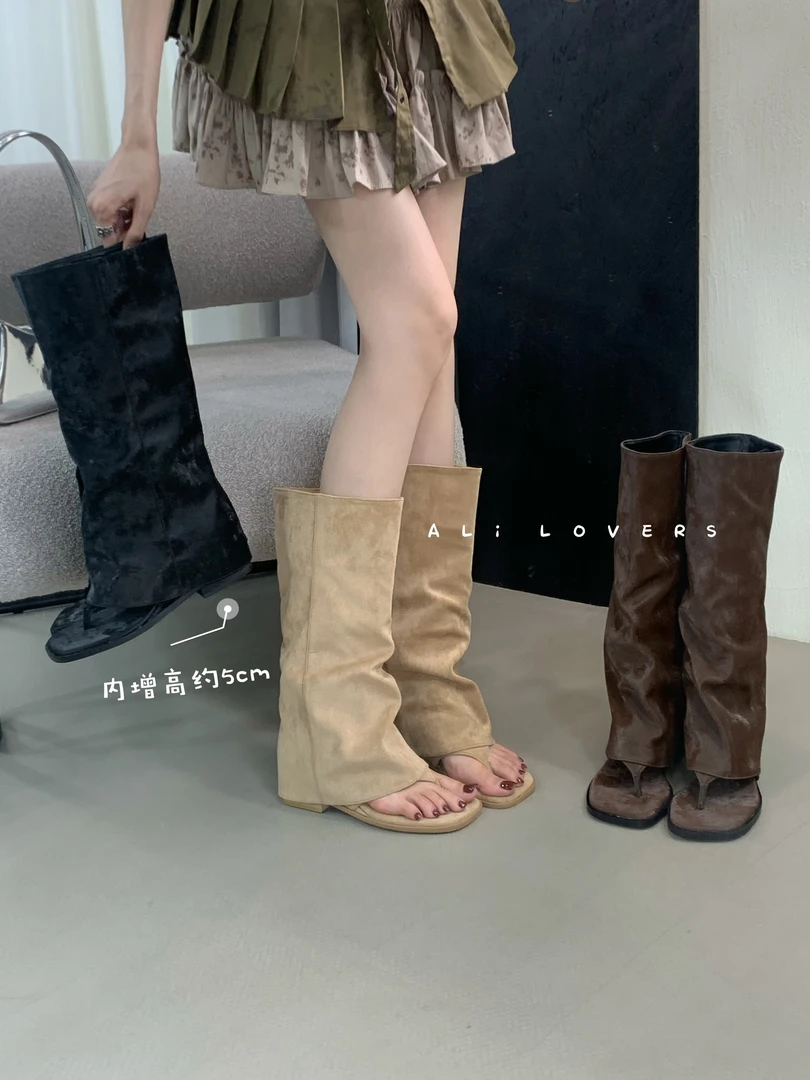 不过膝长靴女增高跟靴子2025夏季新款女靴长筒靴夹趾凉鞋镂空凉靴
