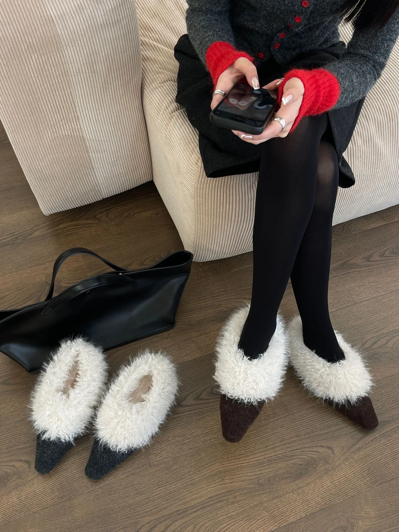 加绒保暖2025秋冬新款绒面方头低跟棉鞋粗跟显瘦时尚毛毛鞋外穿女