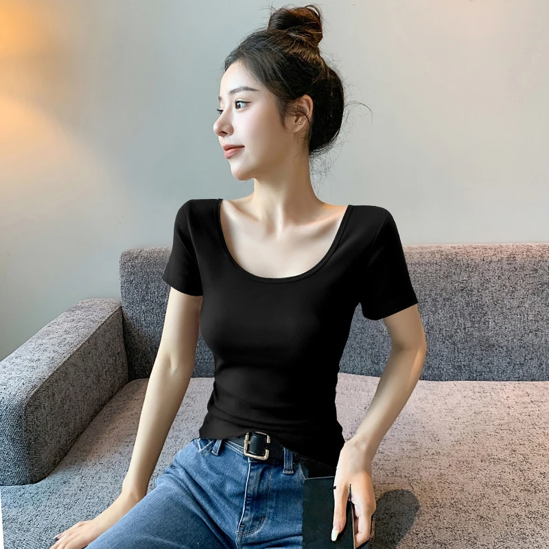 黑色双u领短袖t恤女2023新款夏装低领打底大领口半袖修身洋气上衣