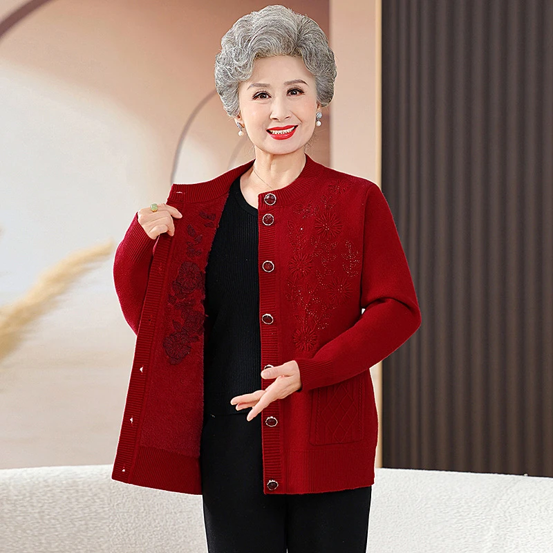 新款妈妈装一体加绒毛衣开衫外套秋冬洋气女加厚宽松奶奶装针织衫