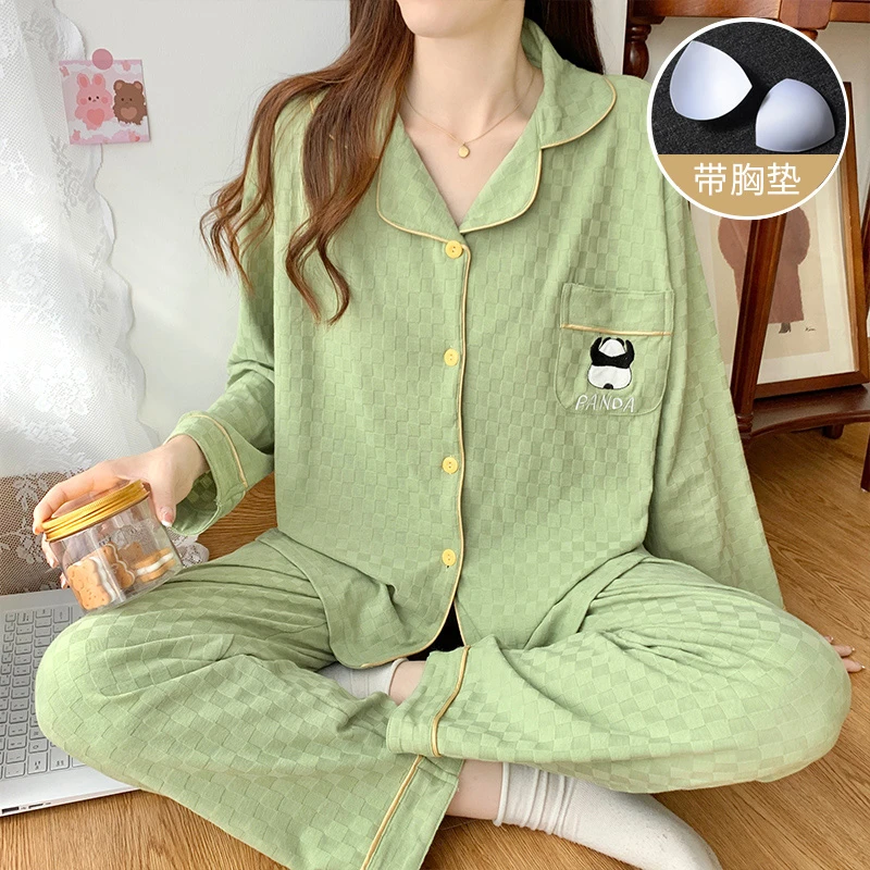 睡衣女春秋冬季棉质长袖带胸垫开衫套装夏天女士宽松可外穿家居服
