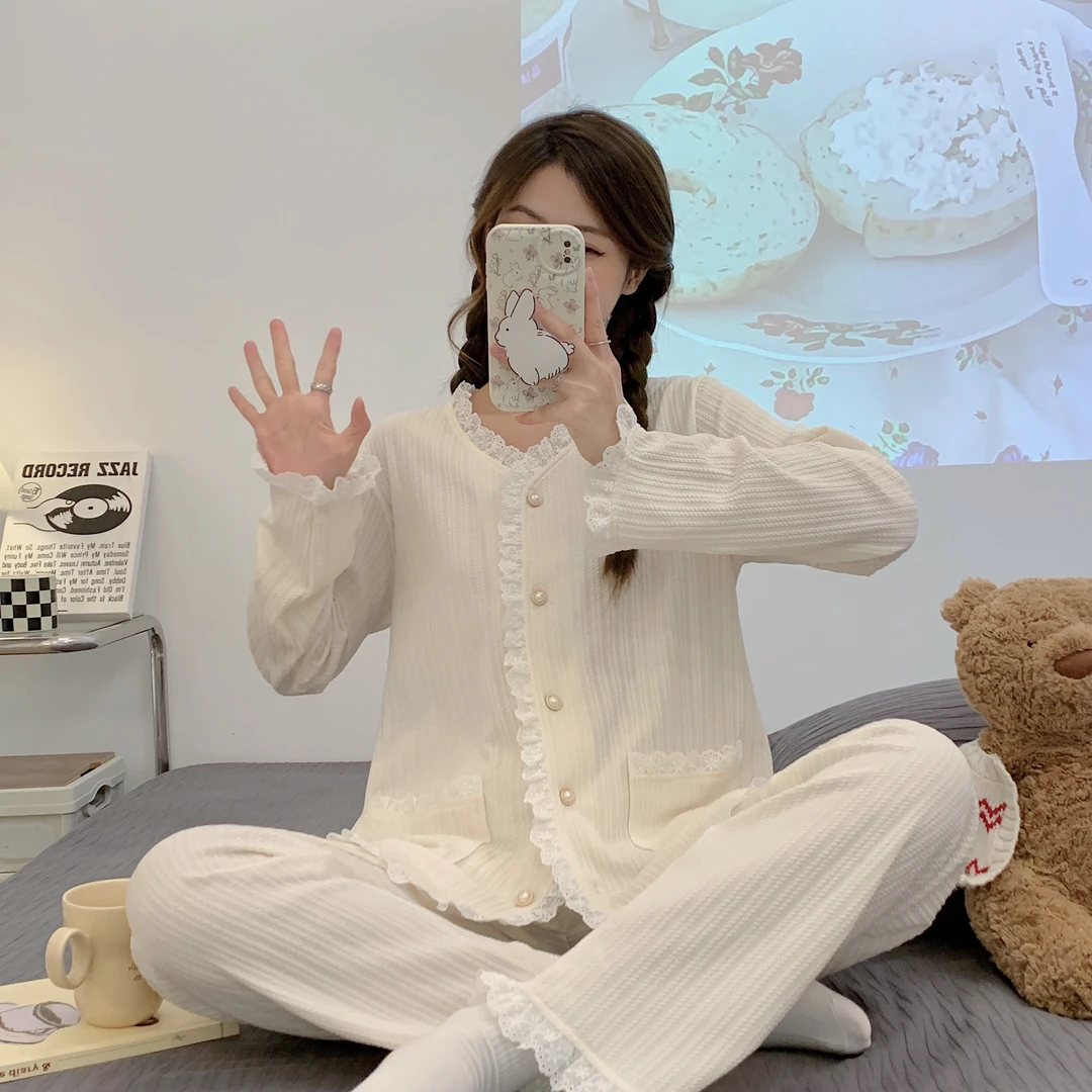 夏季棉质开衫睡衣女长袖套装夏天女士甜美夏天休闲春秋家居服套装