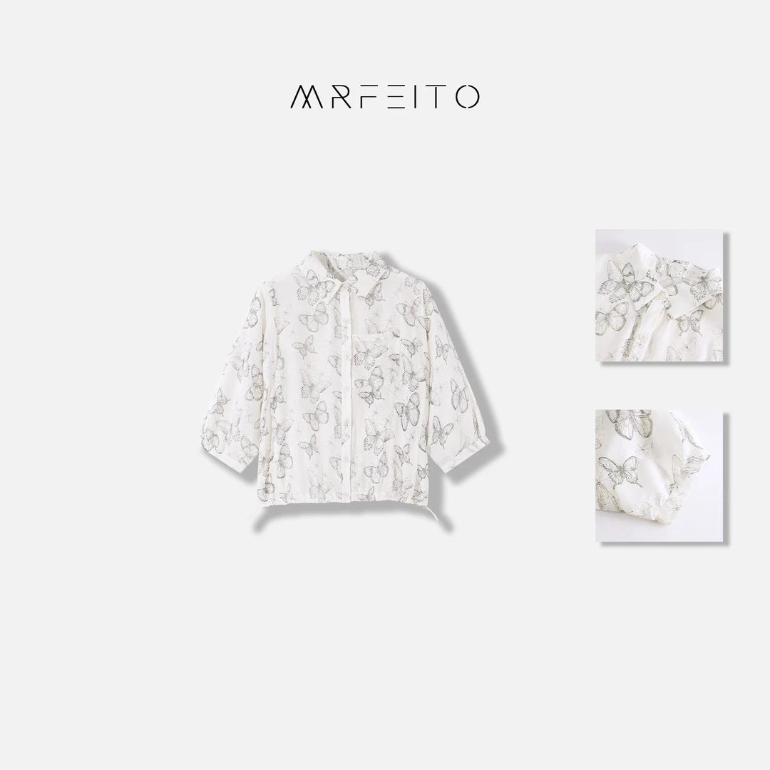 下摆收腰蝴蝶图案设计女士衬衫H16C01C24708