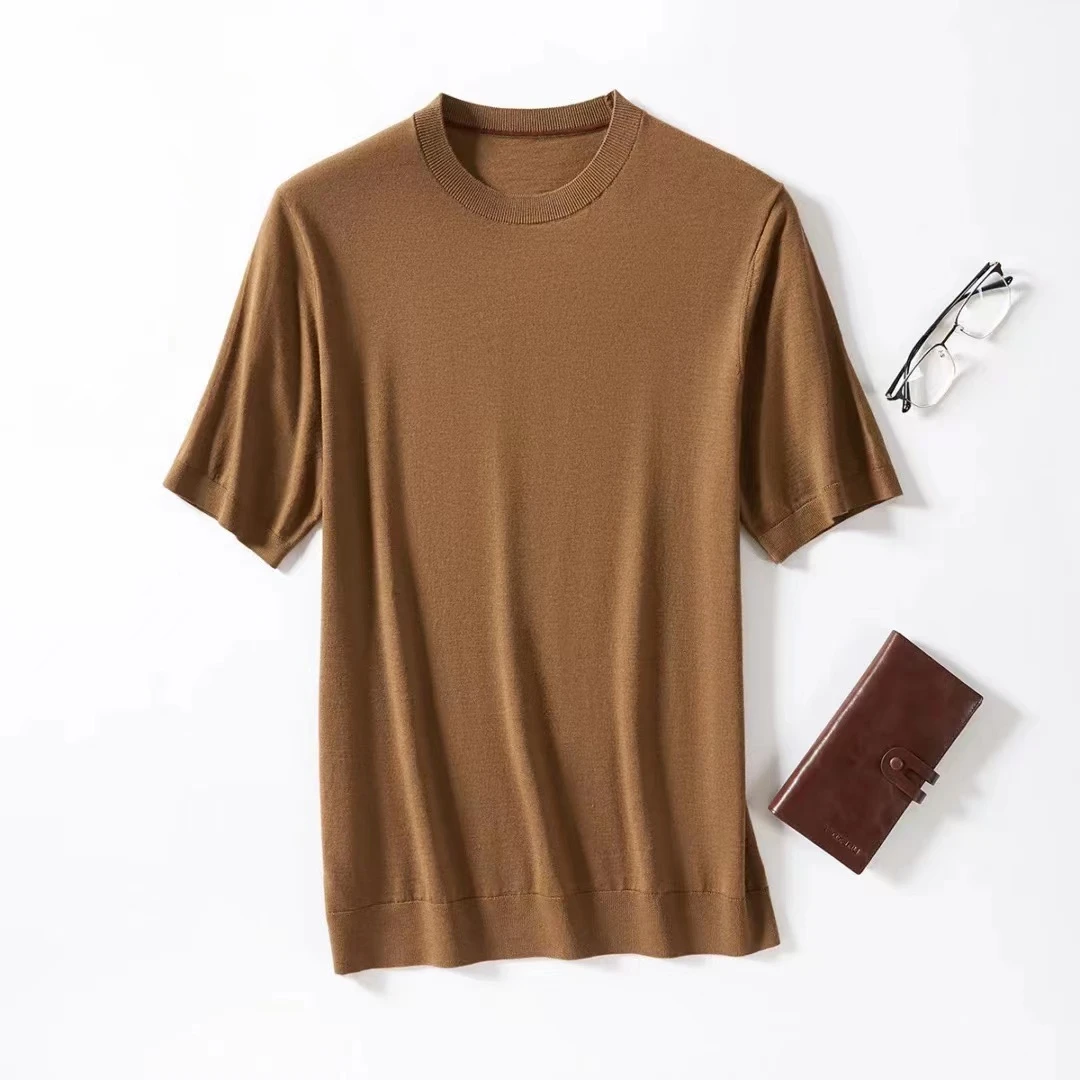 帕格男士春夏薄款百搭纯色针织弹力澳洲纯萨克逊半高领毛衣男短袖