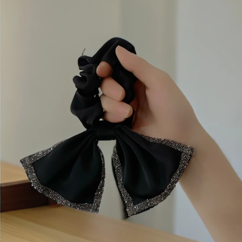 赫本风黑色蝴蝶结发圈轻奢水钻头绳新款女气质发绳高弹力头饰1158
